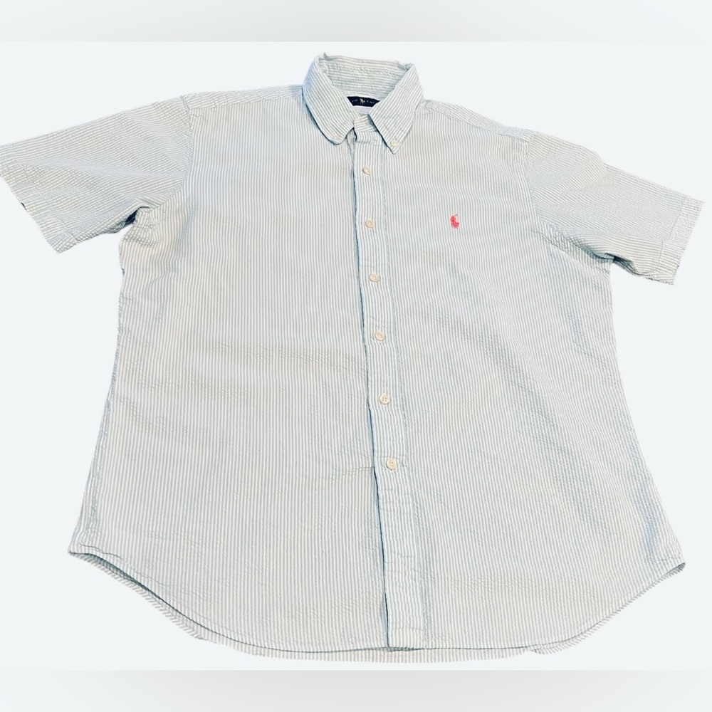 Ralph Lauren Seersucker Blue White Stripes Short sleeve Large 100% cotton